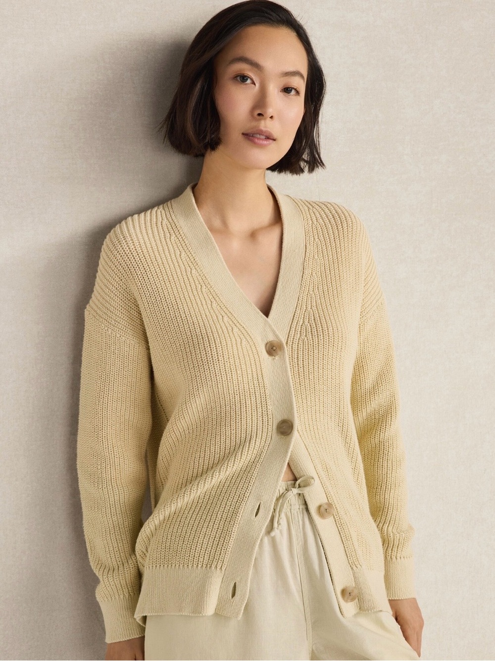 HAVEN Well Within Women's Organic Cotton ShakerStitch V-Neck Button Cardigan NWT